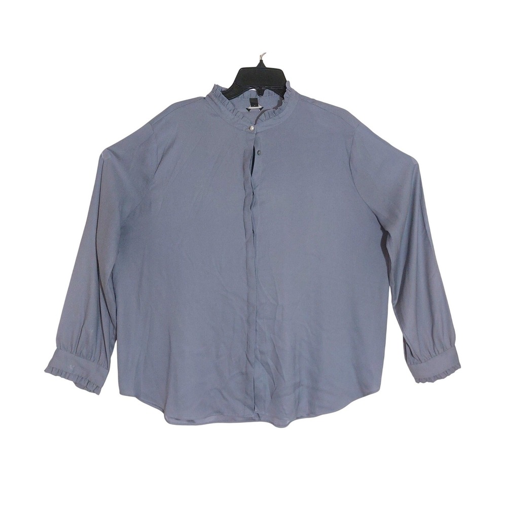 Ann Taylor Womens Gray Long Sleeve Ruffle Neck Button Front Blouse Shirt Size XL - Picture 2 of 8